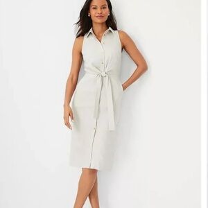 Ann Taylor Linen Button Front Sleeveless Dress With Flattering Tie Front Beige 8